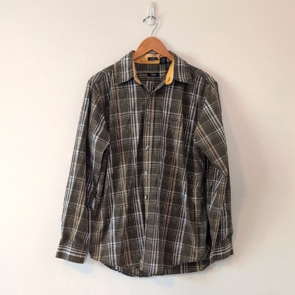 Izod No-Iron Plaid Cotton-Blend Travel Green Plaid Button-Up Shirt Sz Medium
